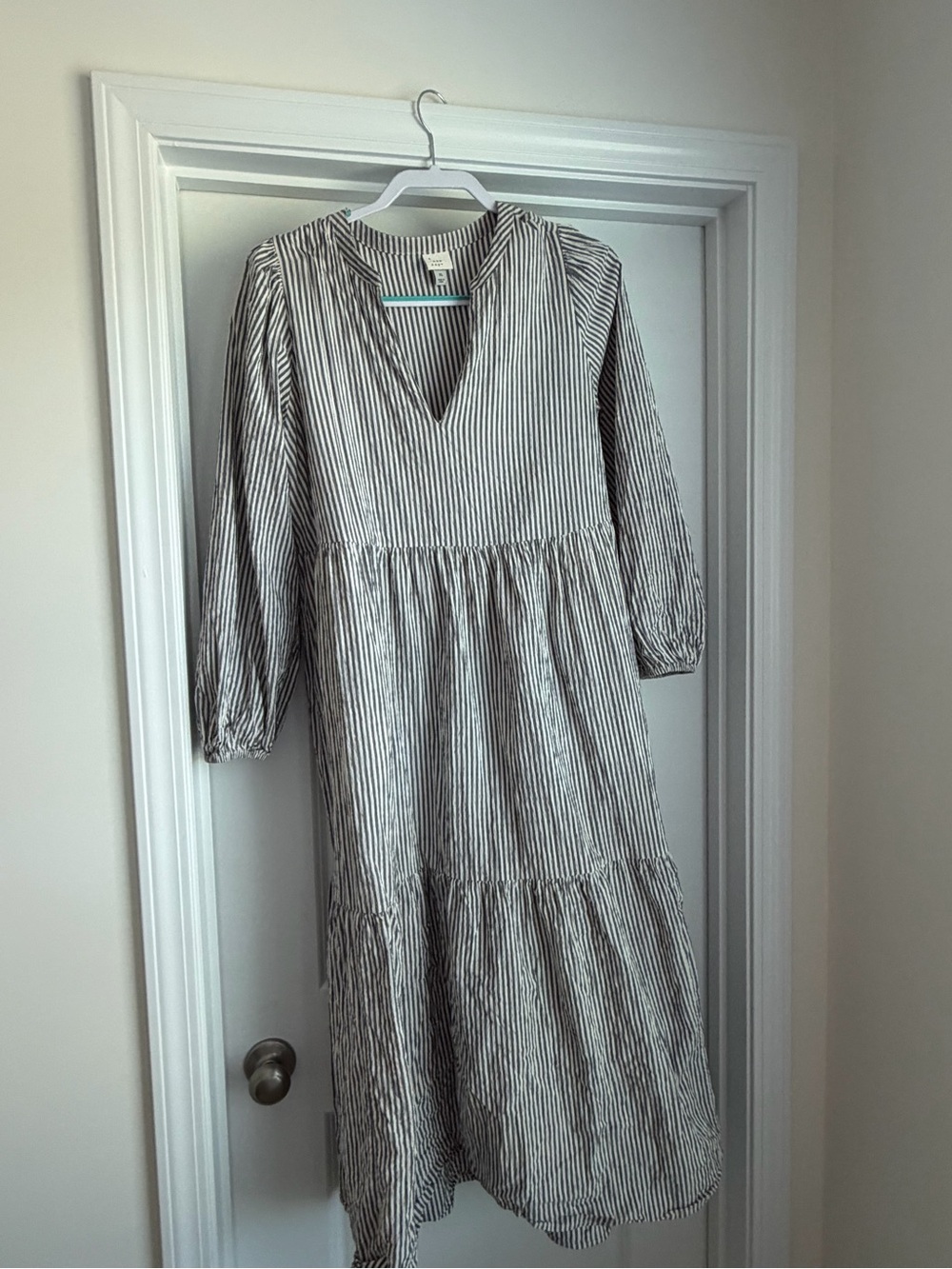 a new day Black and White Striped Long Sleeve Tiered Midi Dress